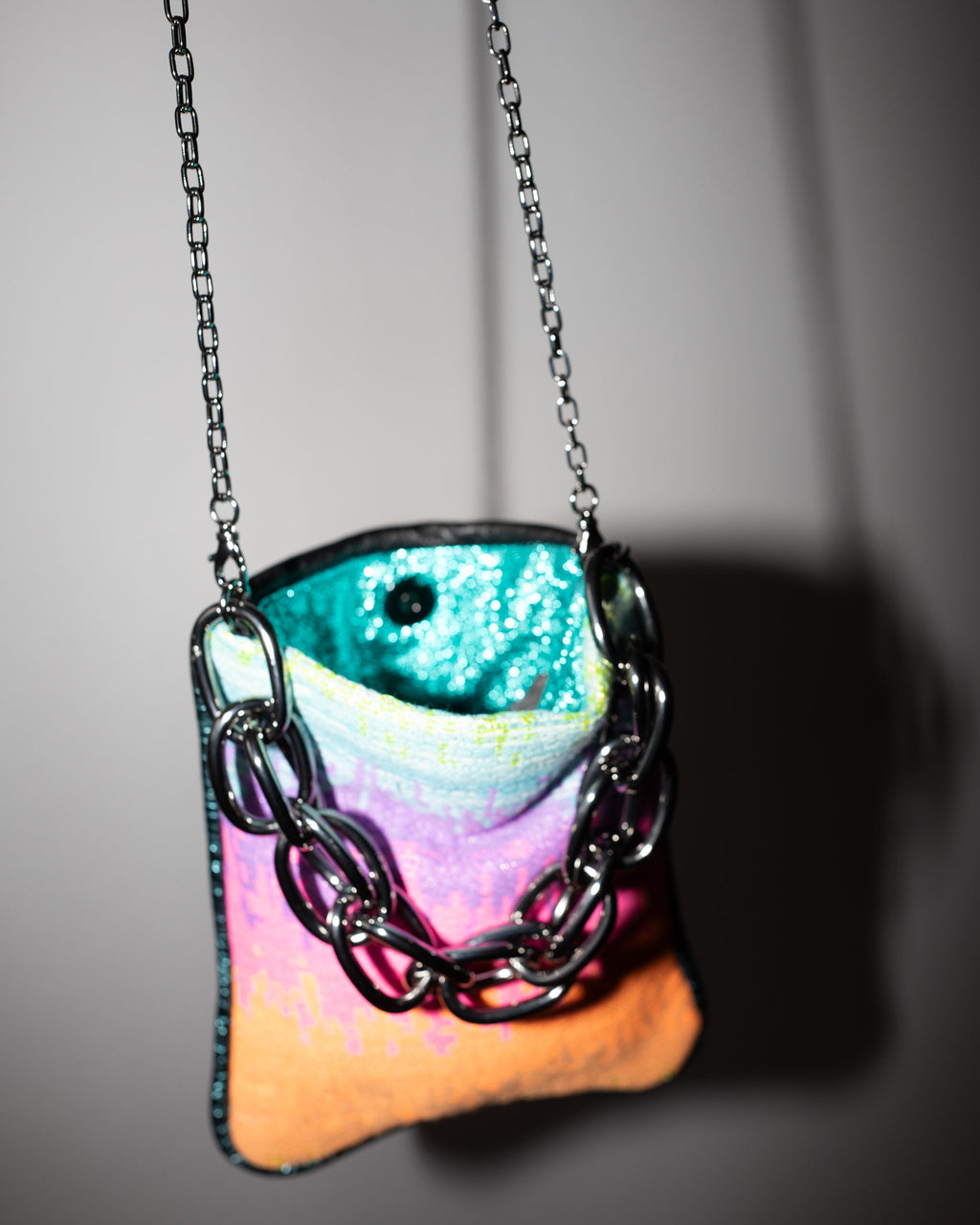 Bag with Rainbow Colored Tweed and Black Leather Gun Metal Chain
