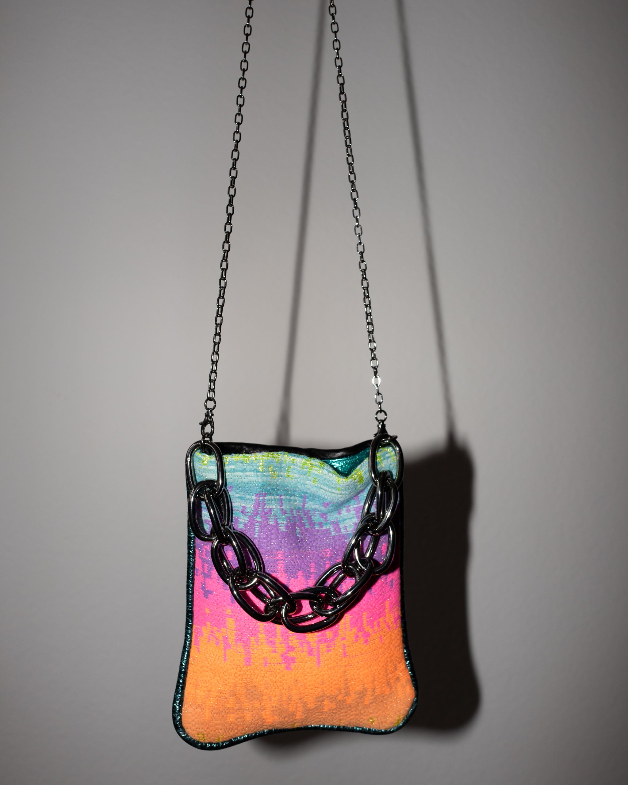 Bag with Rainbow Colored Tweed and Black Leather Gun Metal Chain
