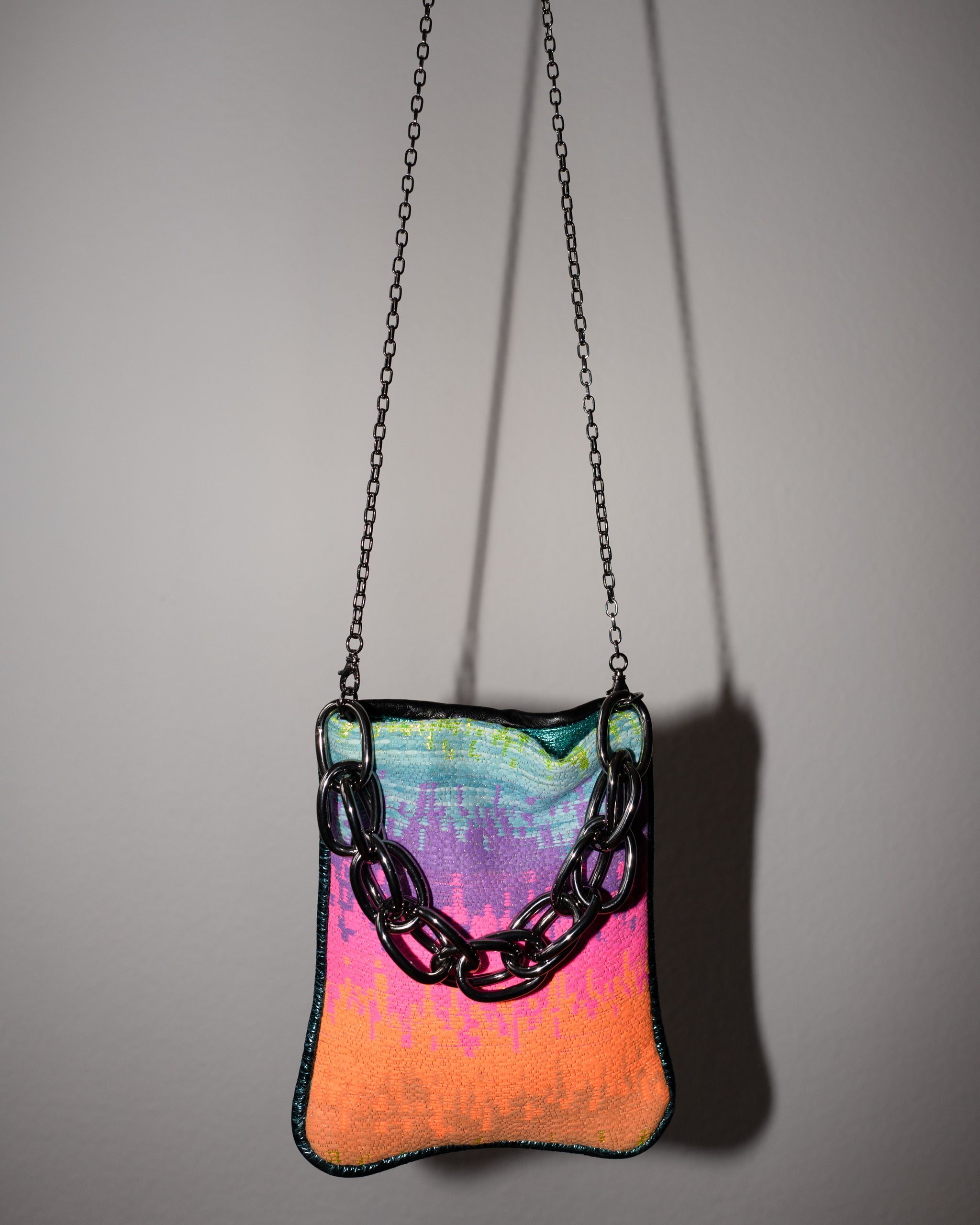 Bag with Rainbow Colored Tweed and Black Leather Gun Metal Chain