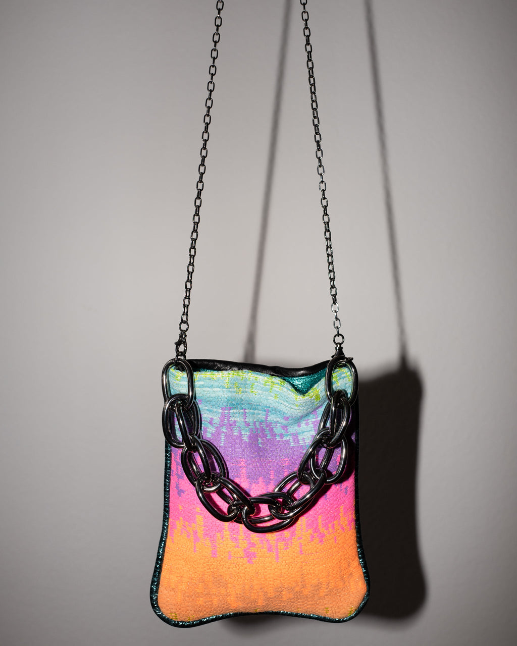 Bag with Rainbow Colored Tweed and Black Leather Gun Metal Chain