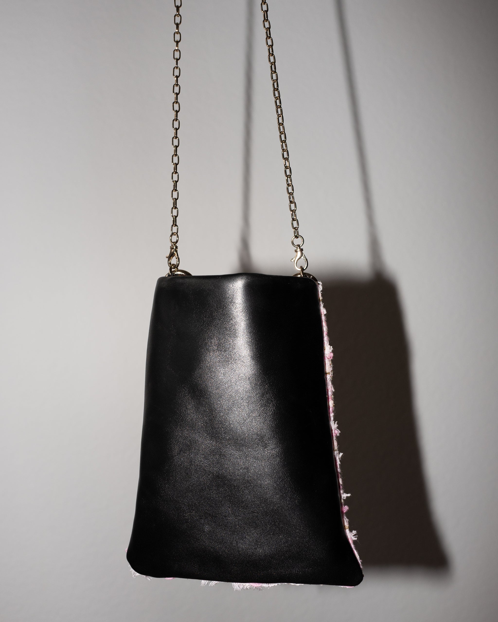 Bag with Light Pink Tweed and Black Leather Gold Chain