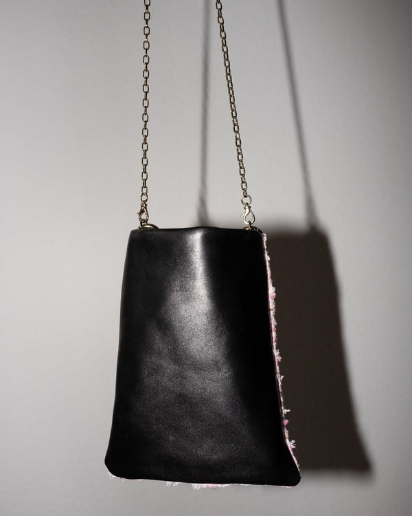 Bag with Light Pink Tweed and Black Leather Gold Chain