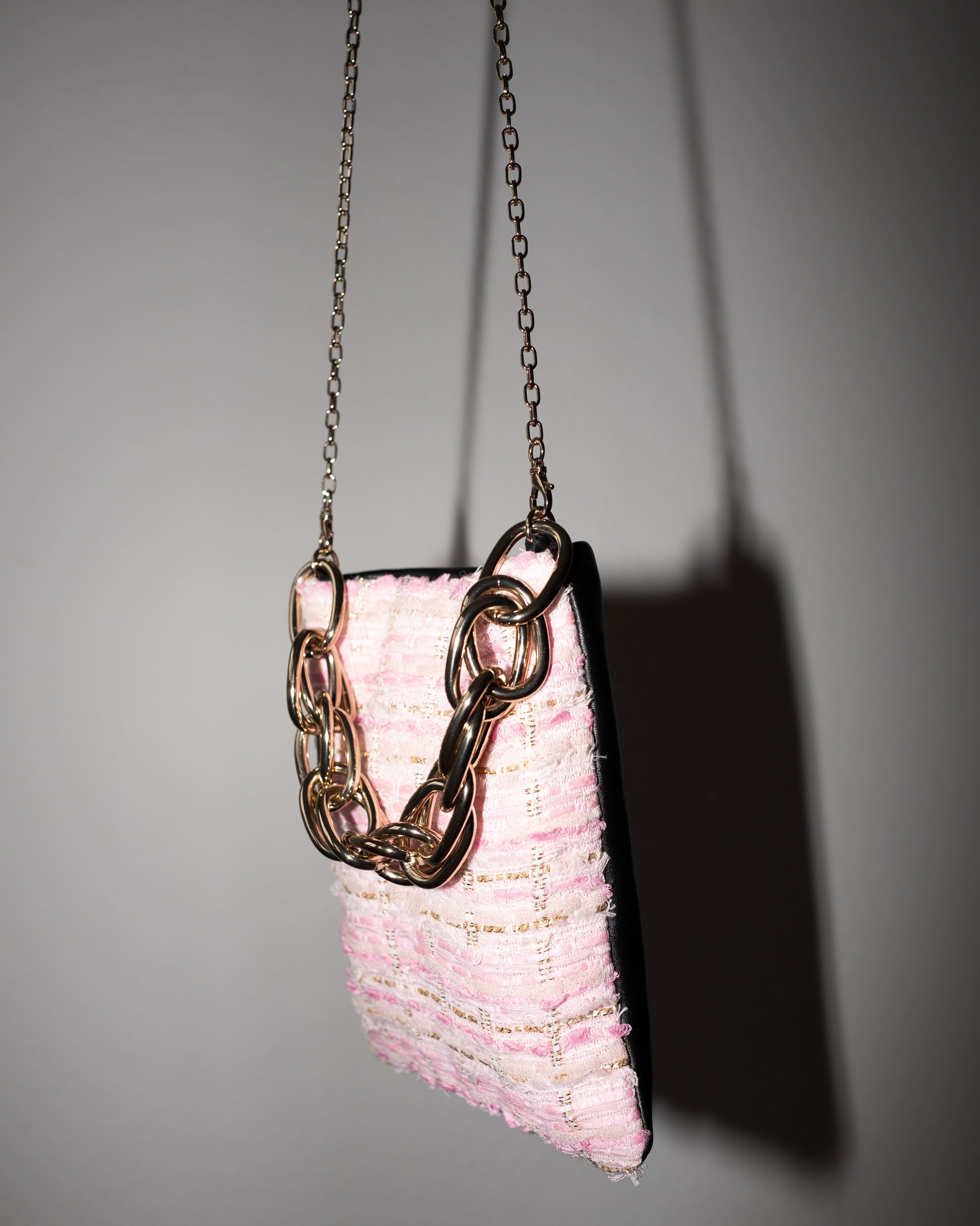 Bag with Light Pink Tweed and Black Leather Gold Chain