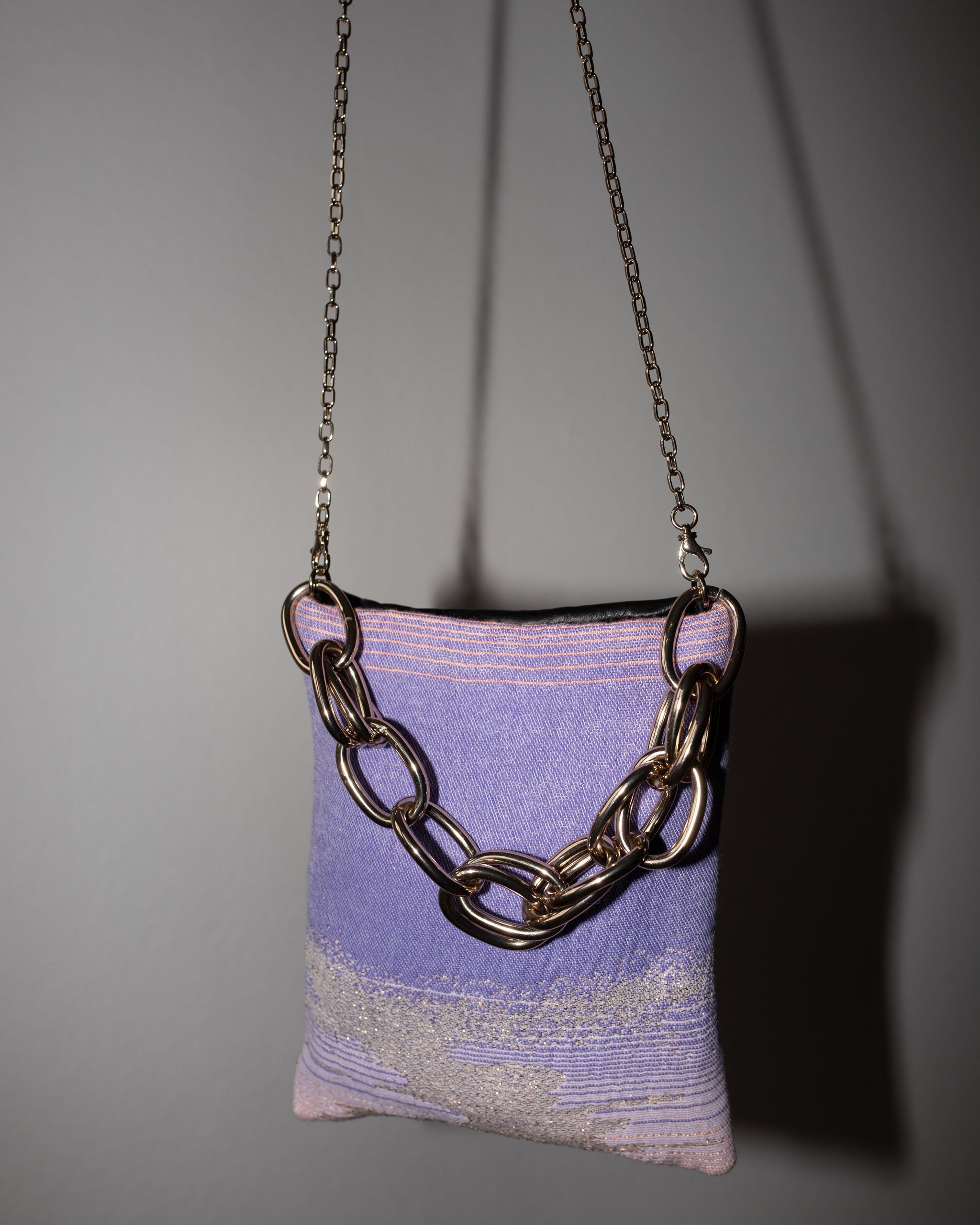 Bag with Lilac Pink Gold Lurex and Black Leather Gold Chain