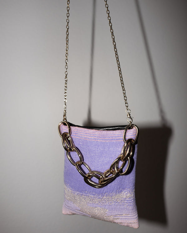 Bag with Lilac Pink Gold Lurex and Black Leather Gold Chain