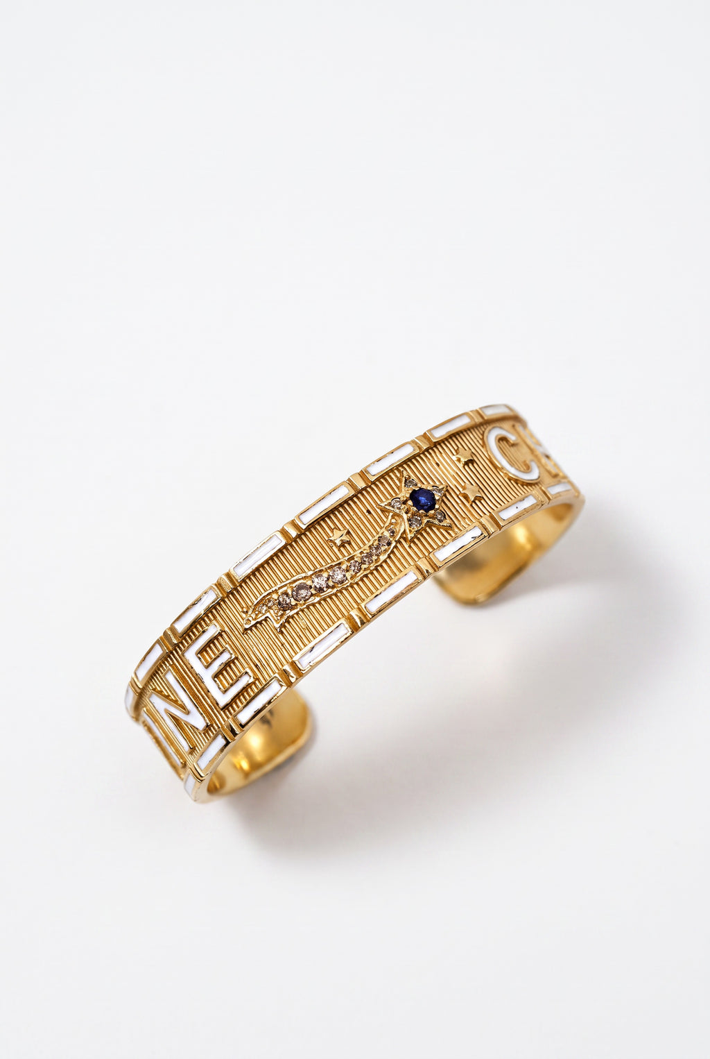 White Enamel Cuff Blue Sapphire Bracelet