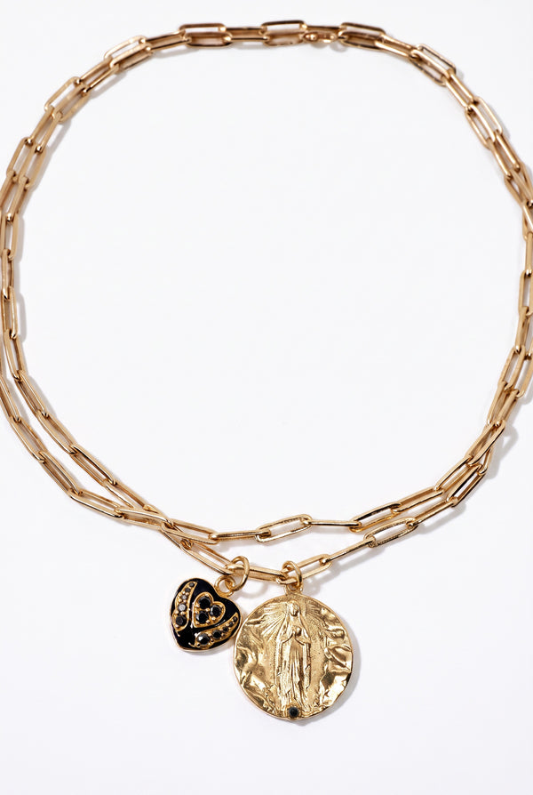 Gold Medal Paperclip Chain Black Diamond Heart