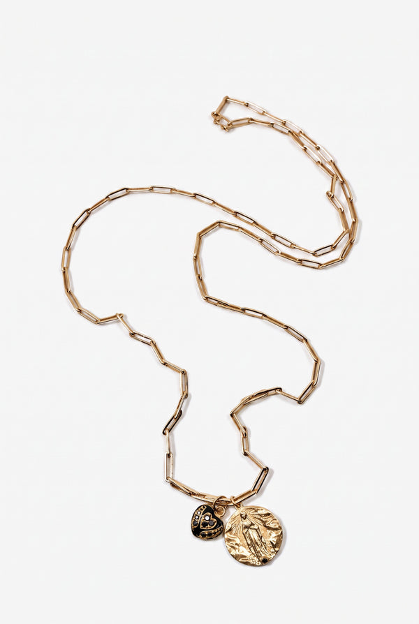 Gold Medal Paperclip Chain Black Diamond Heart