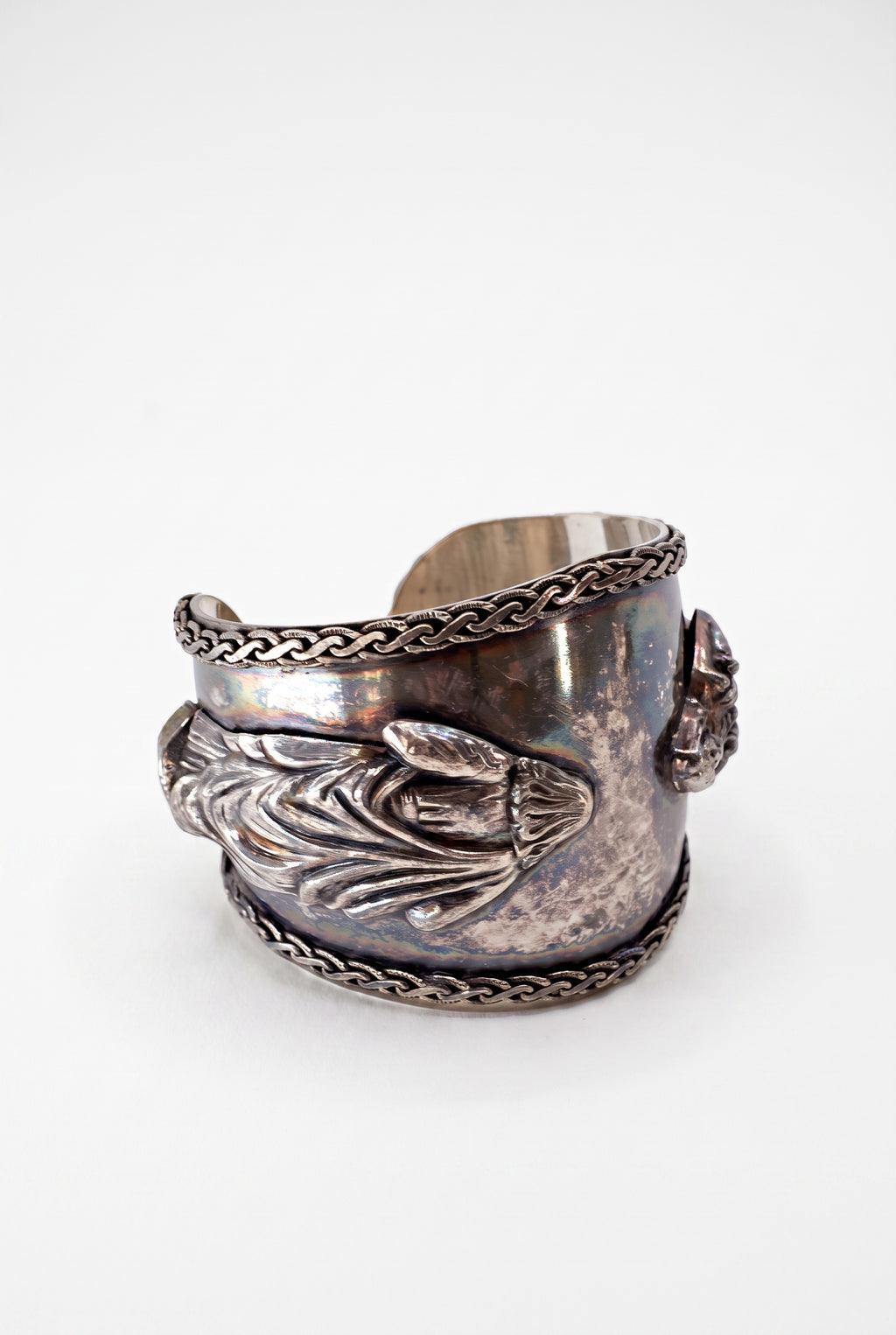 Vintage Silver Religious Icon Cuff Bracelet Madonna & Sacred Heart