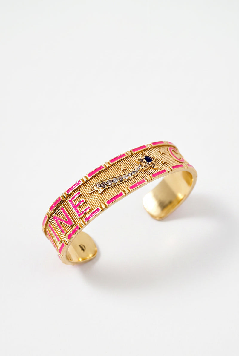 Pink Enamel Cuff Blue Sapphire Bracelet Diamond