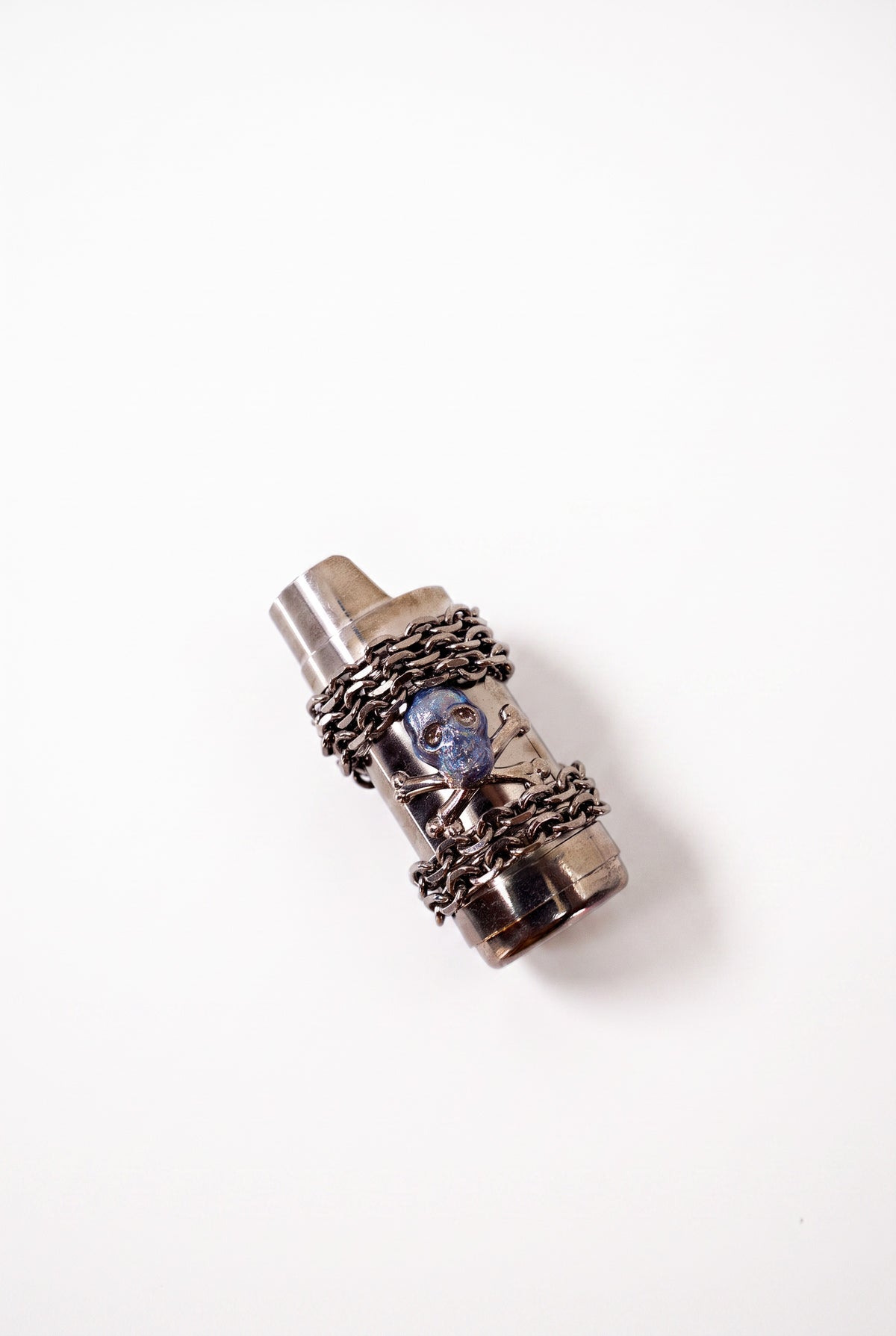 Vintage Gunmetal Skull Lighter Holder Blue Glitter Enamel