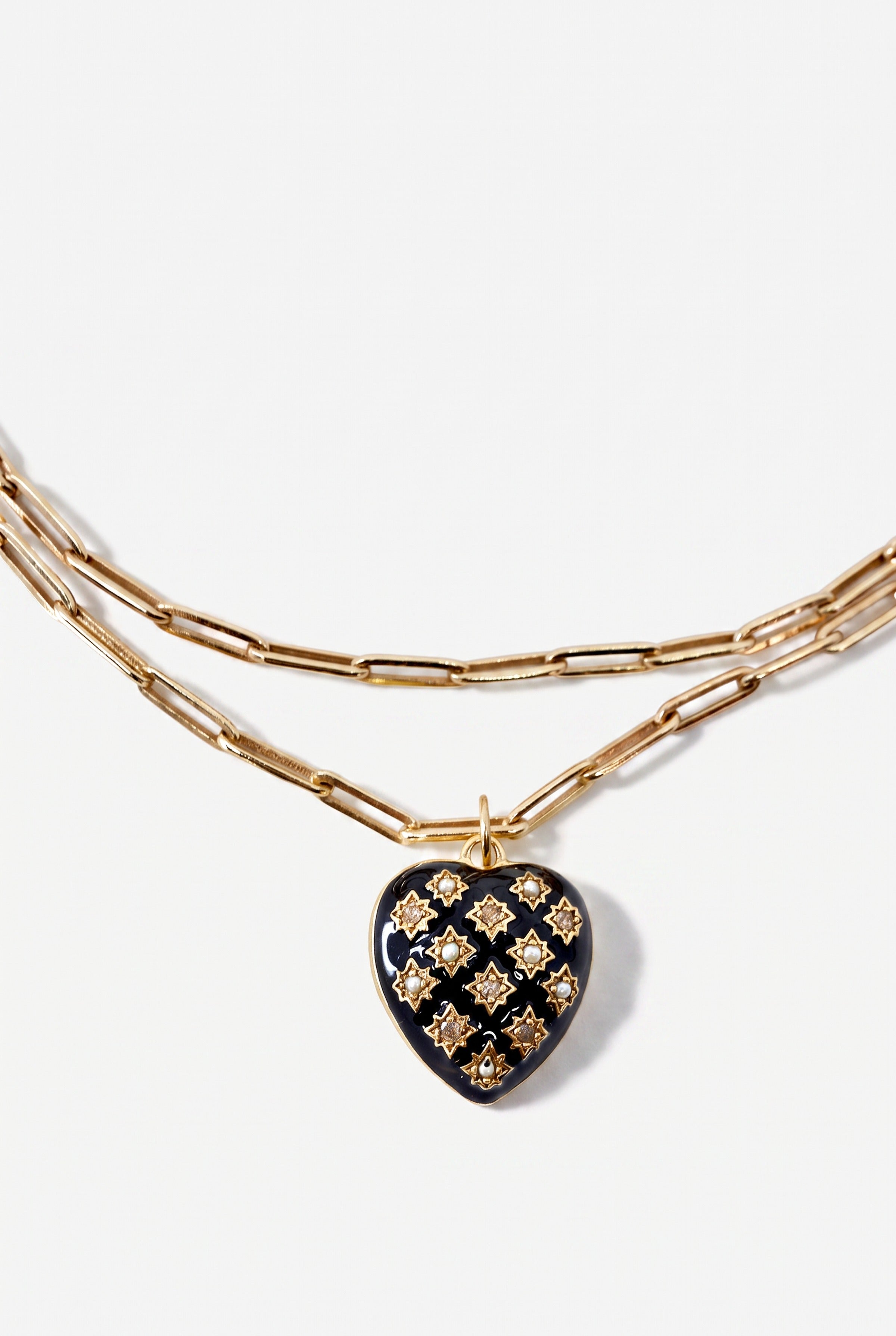 Diamond Heart Necklace Black Enamel  Paperclip Chain