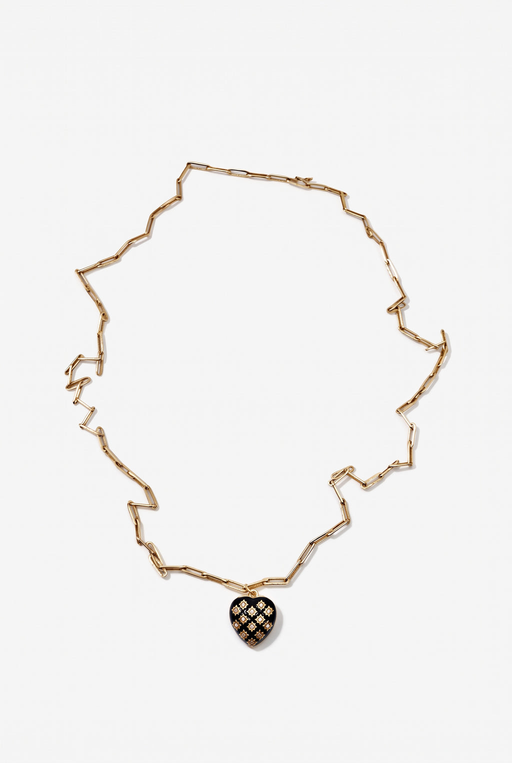 Diamond Heart Necklace Black Enamel  Paperclip Chain
