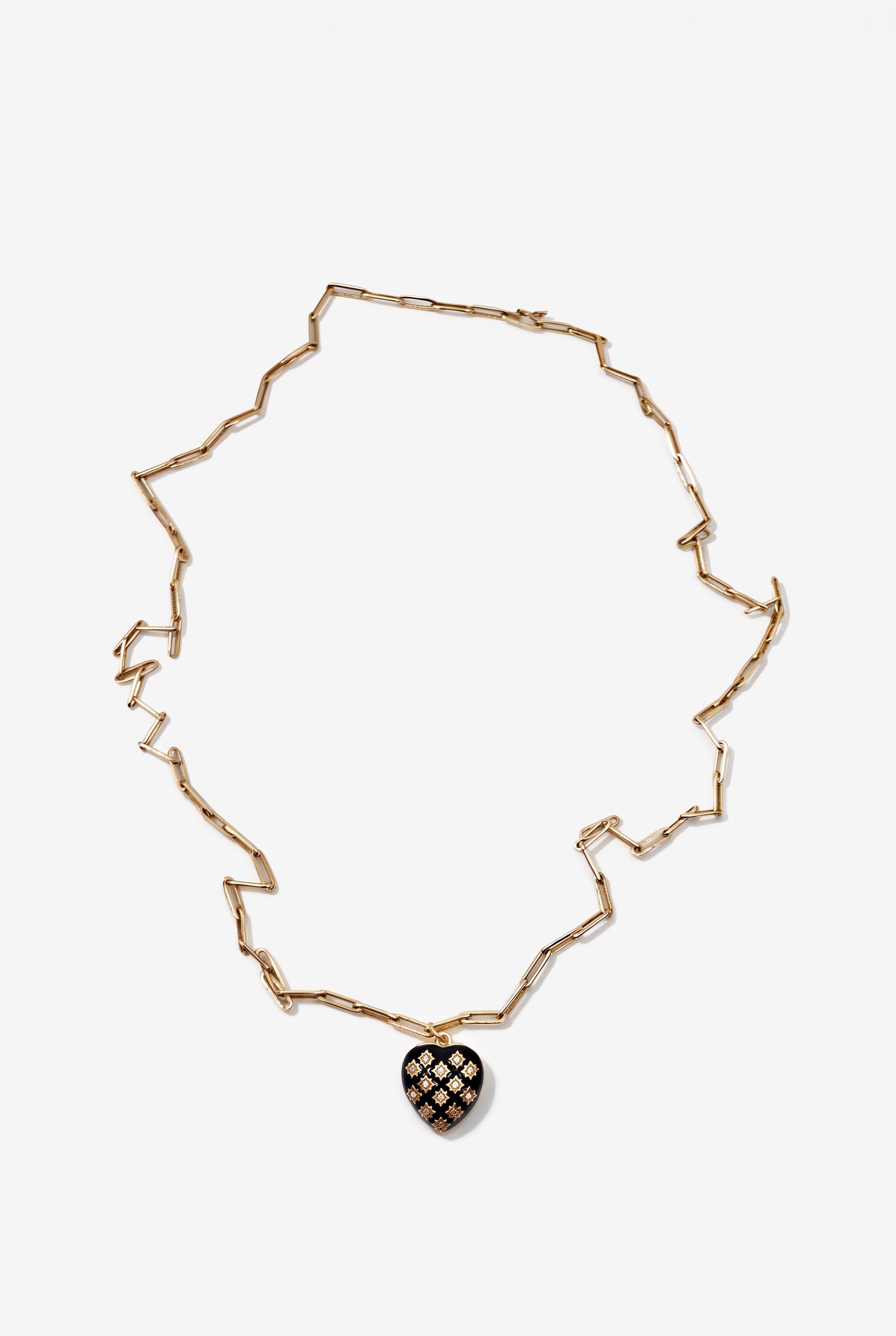 Diamond Heart Necklace Black Enamel  Paperclip Chain