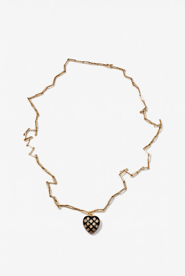 Diamond Heart Necklace Black Enamel  Paperclip Chain