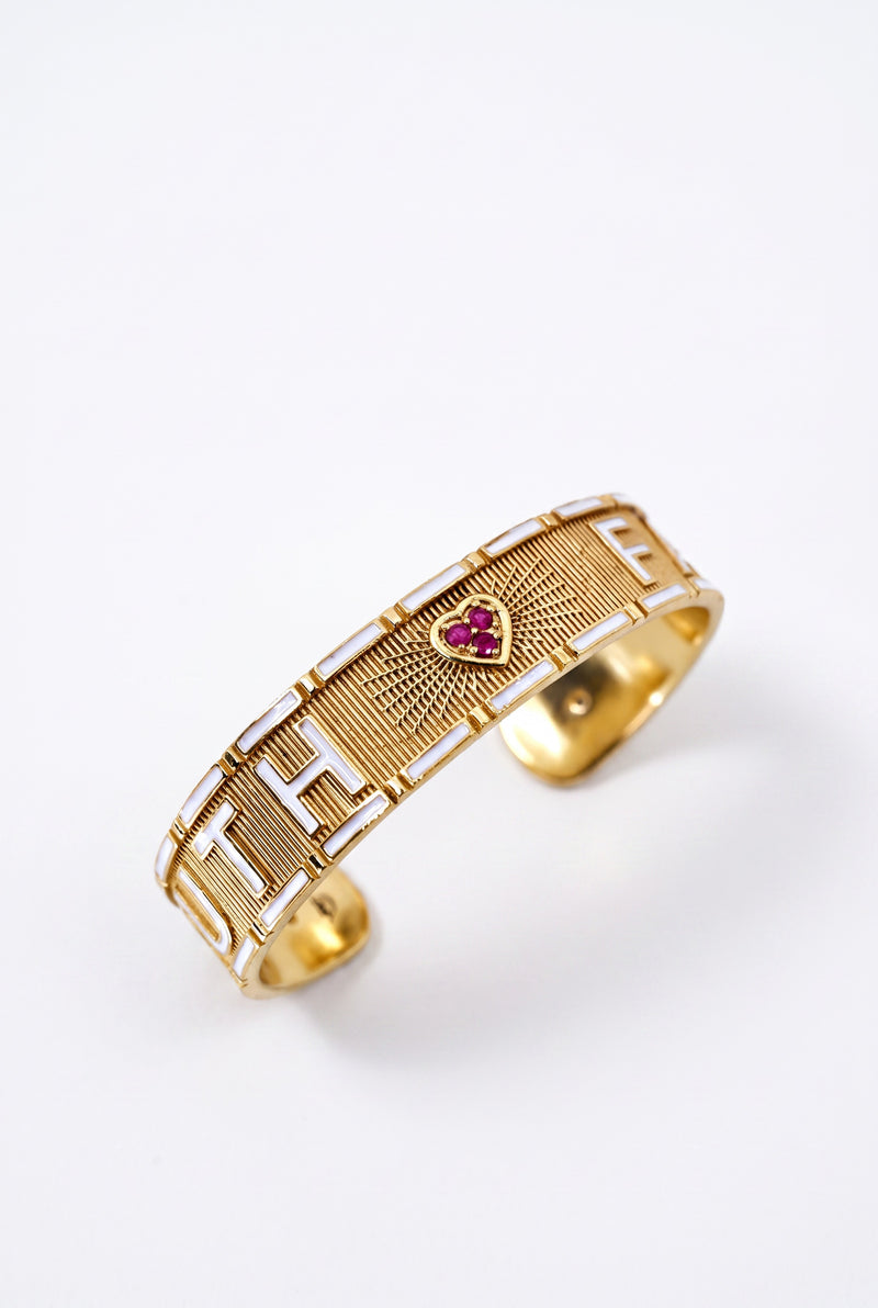 White Enamel Cuff Ruby Heart Bracelet Truth Faith