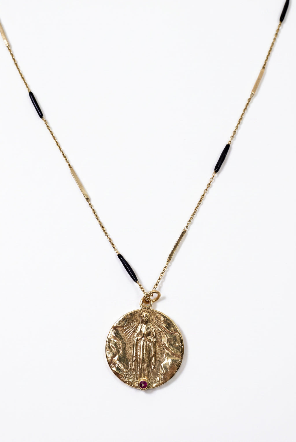 Ruby Virgin Mary Necklace Lourdes Medal Black Enamel