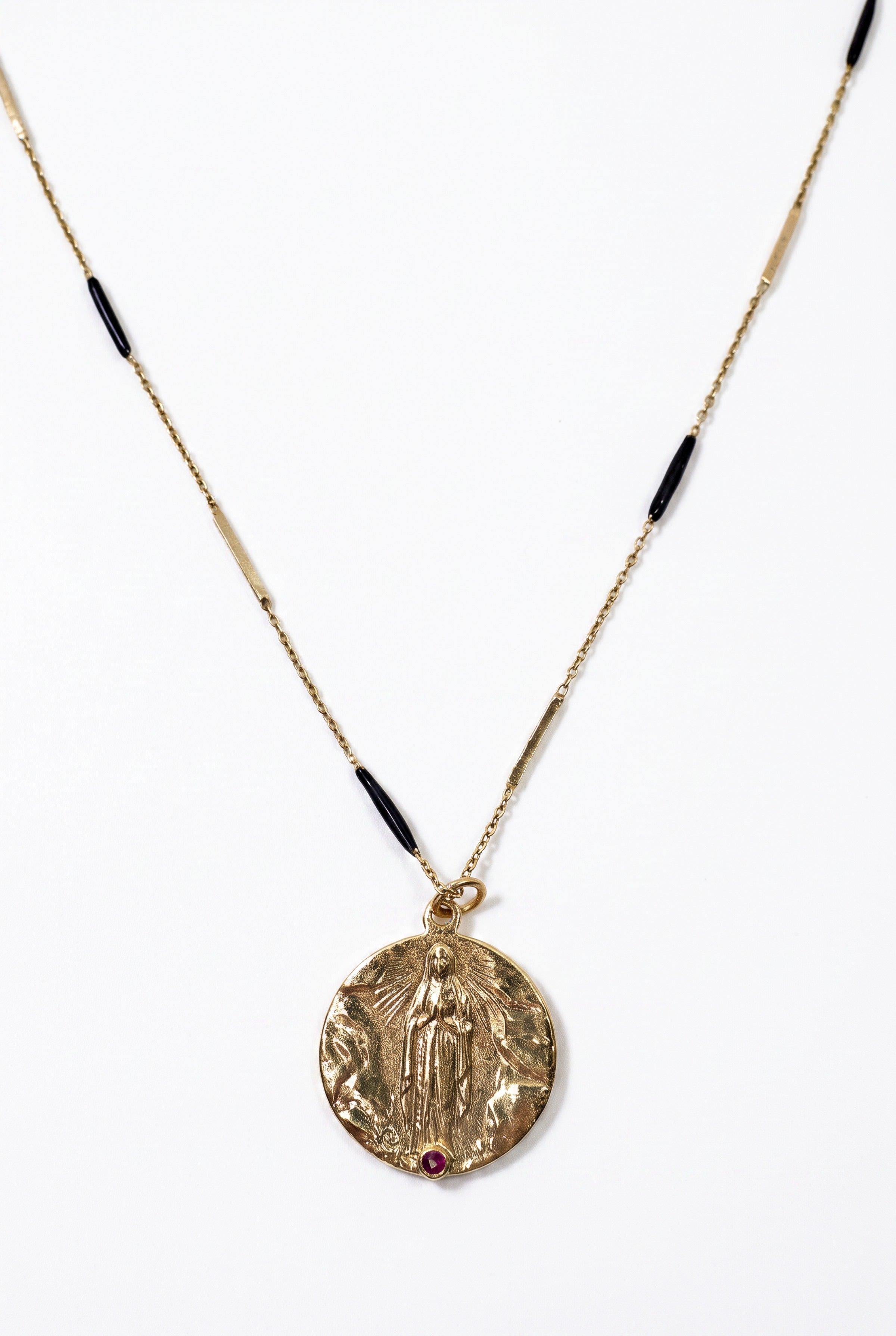 Ruby Virgin Mary Necklace Lourdes Medal Black Enamel