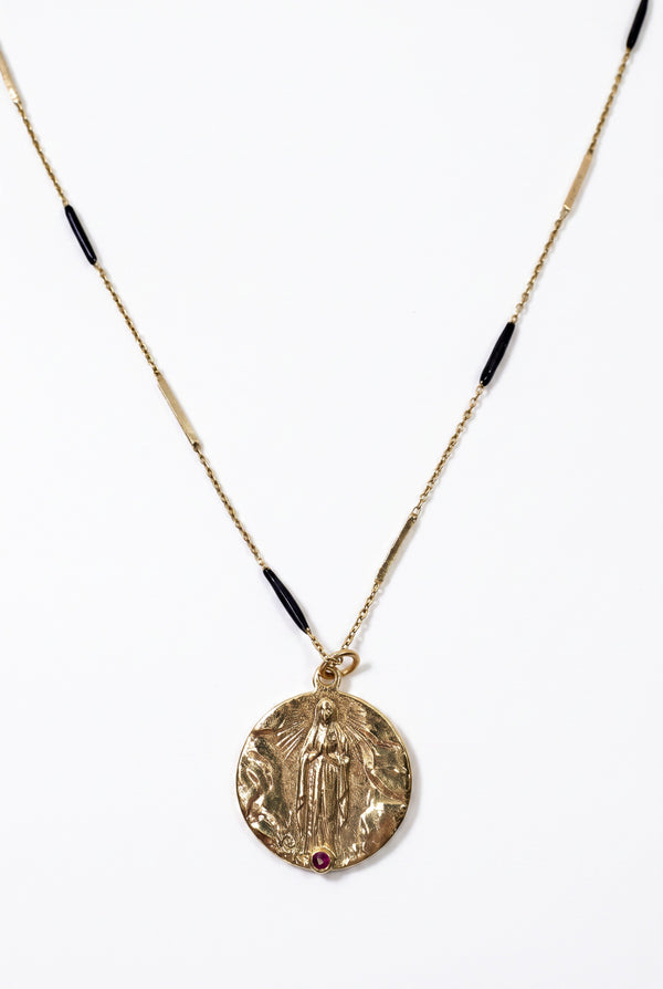 Ruby Virgin Mary Necklace Lourdes Medal Black Enamel