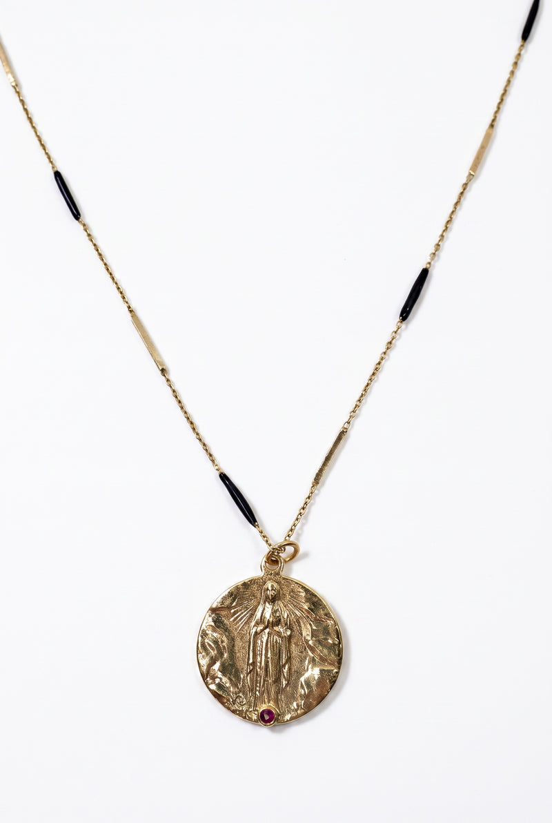 Ruby Virgin Mary Necklace Lourdes Medal Black Enamel