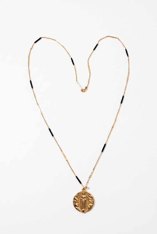 Ruby Virgin Mary Necklace Lourdes Medal Black Enamel