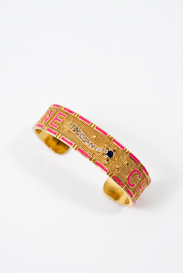 Pink Enamel Cuff Blue Sapphire Bracelet Diamond