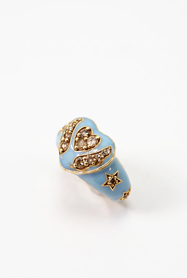 White Diamond Heart Star RingLight Blue Enamel