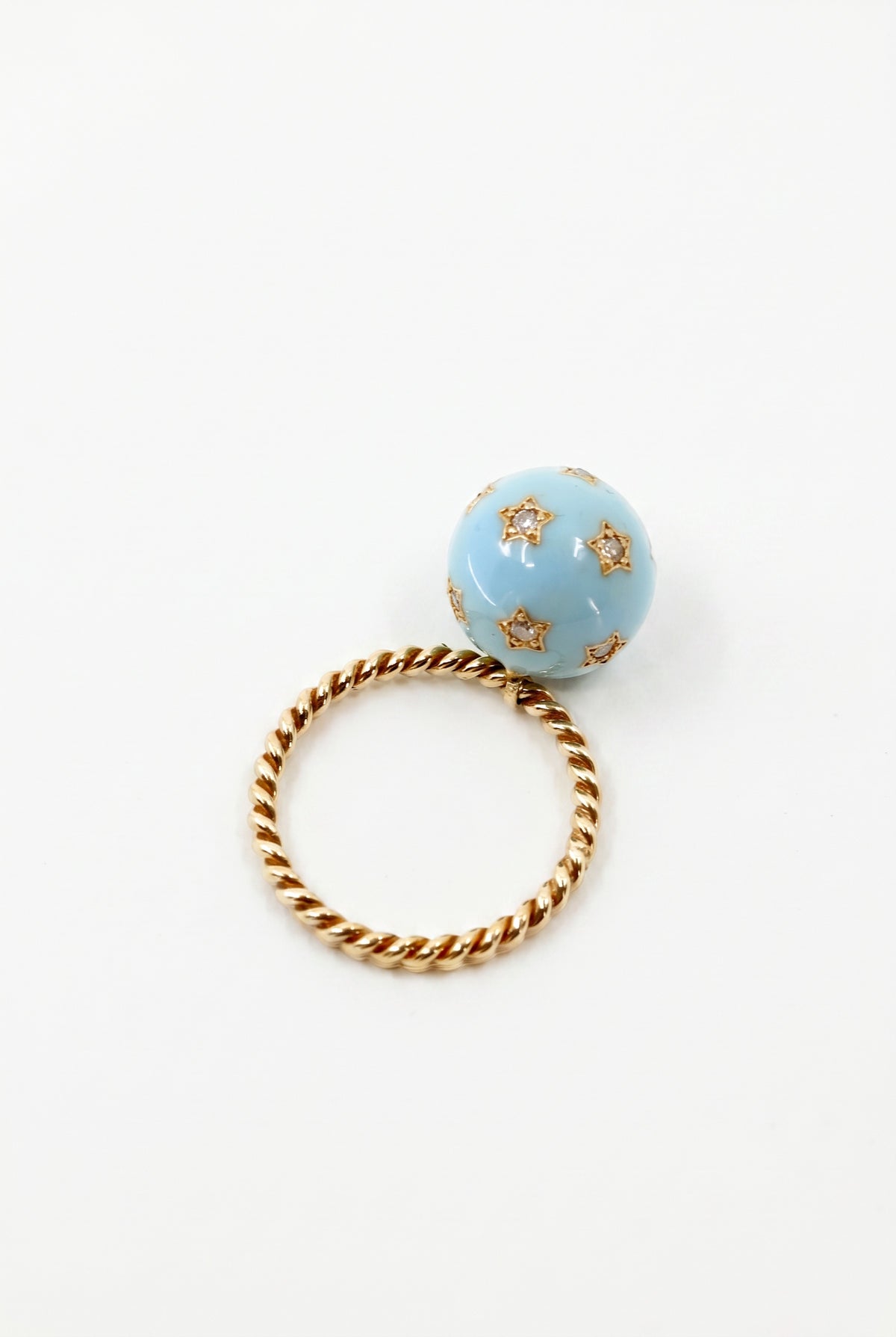 Light Blue Enamel Orb Diamond Star Ring Twisted Band