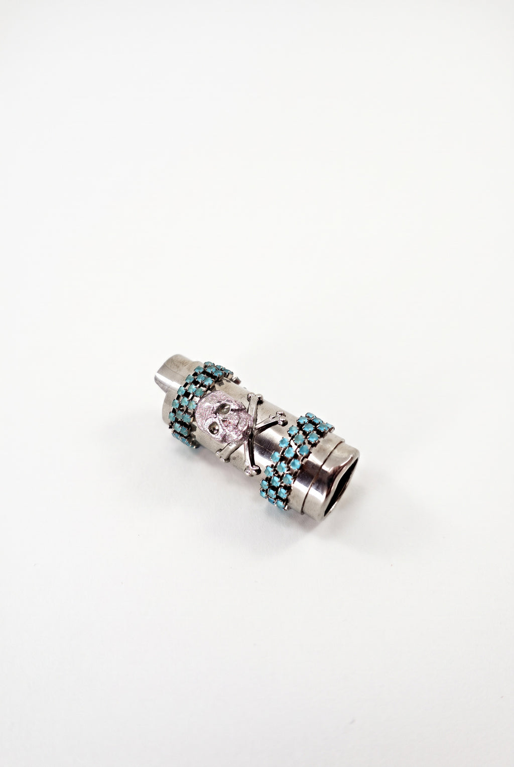 Vintage Skull Lighter Case Pink Enamel Turquoise Crystal Chain
