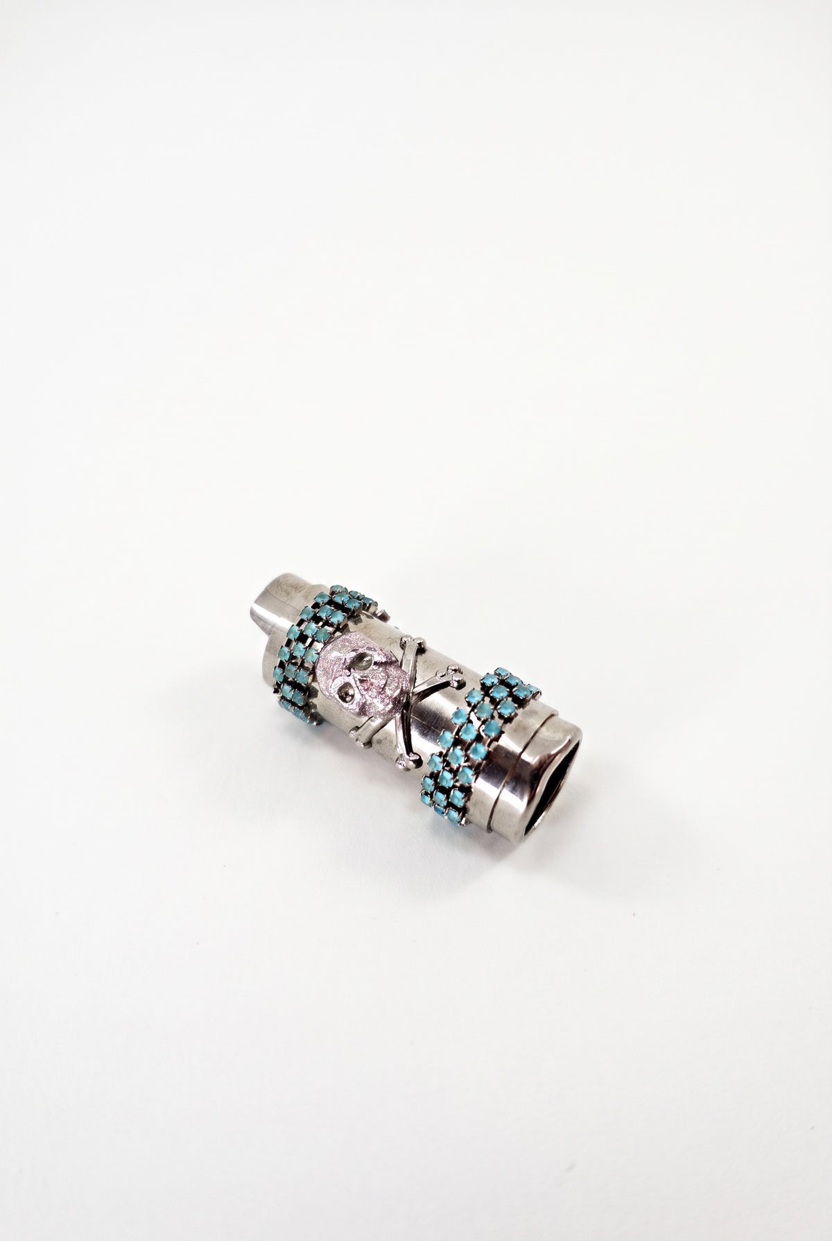 Vintage Skull Lighter Case Pink Enamel Turquoise Crystal Chain