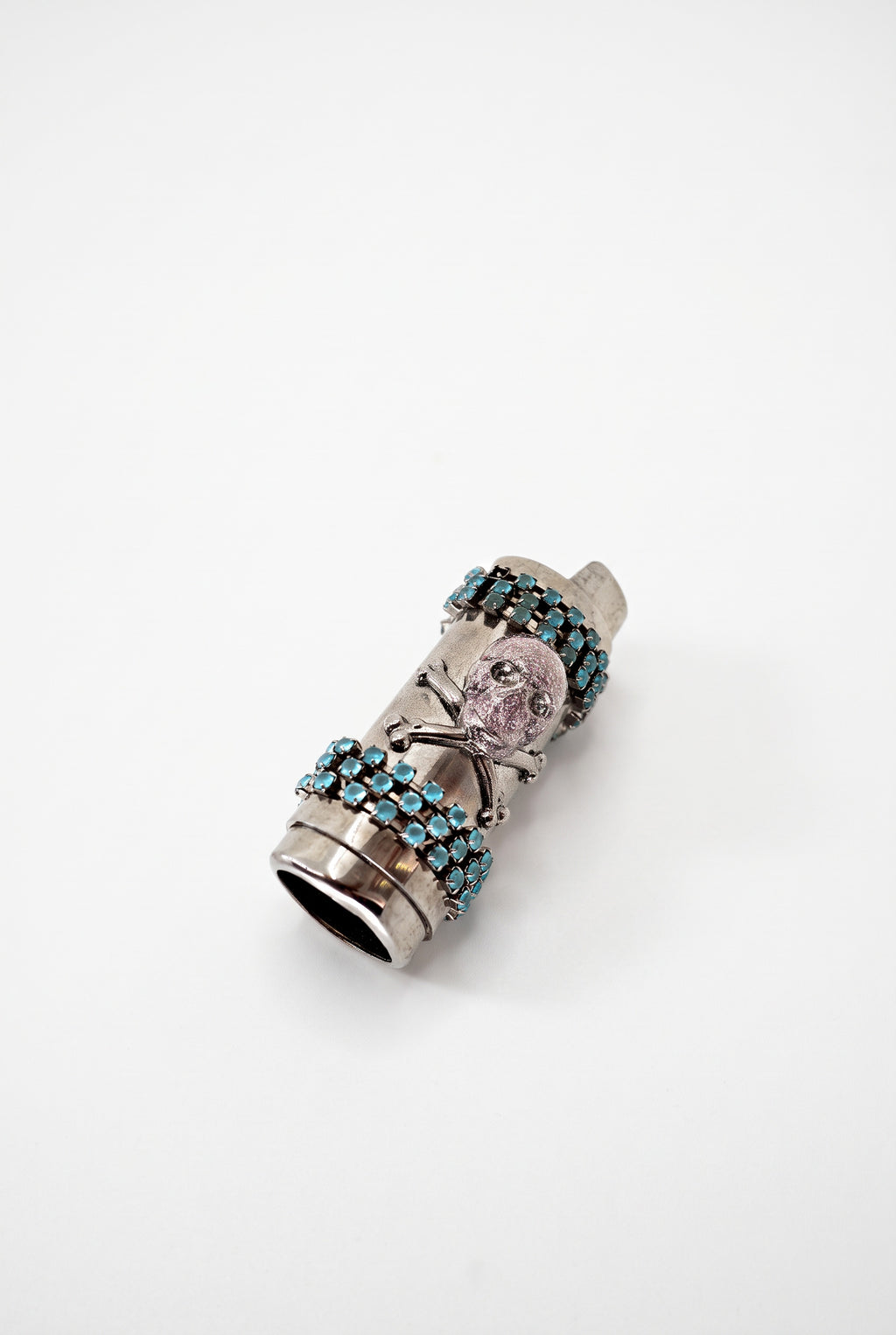 Vintage Skull Lighter Case Pink Enamel Turquoise Crystal Chain