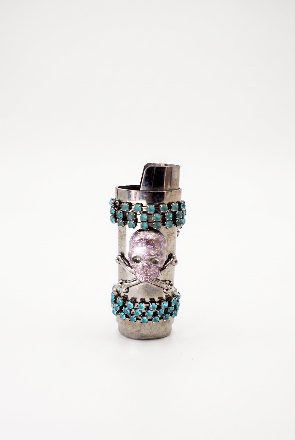Vintage Skull Lighter Case Pink Enamel Turquoise Crystal Chain