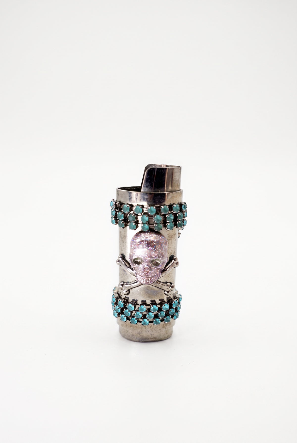 Vintage Skull Lighter Case Pink Enamel Turquoise Crystal Chain