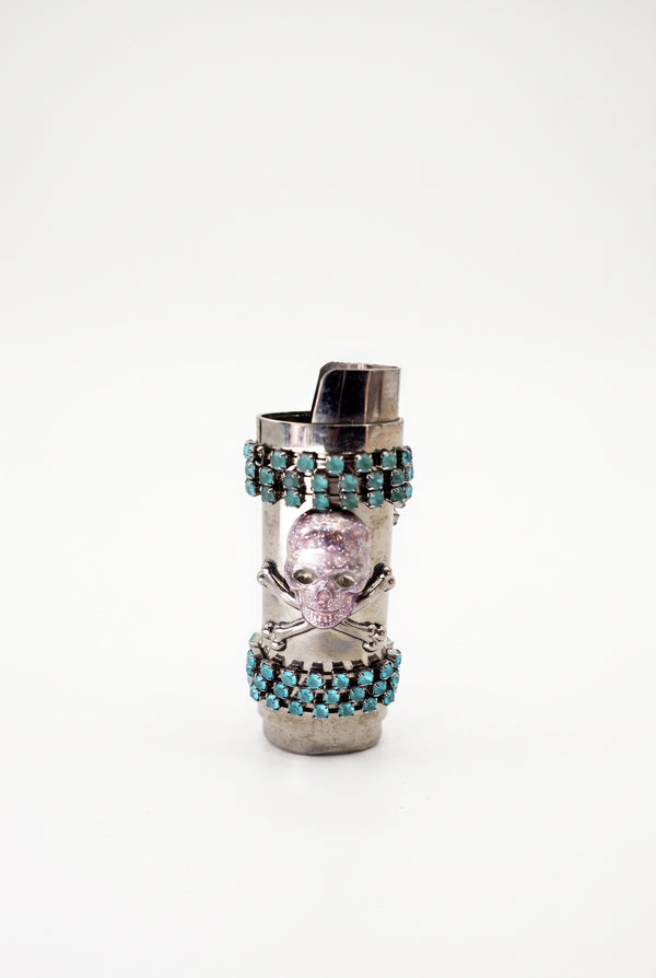 Vintage Skull Lighter Case Pink Enamel Turquoise Crystal Chain