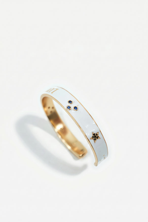 White Enamel Cuff Blue Sapphire Diamond Bracelet