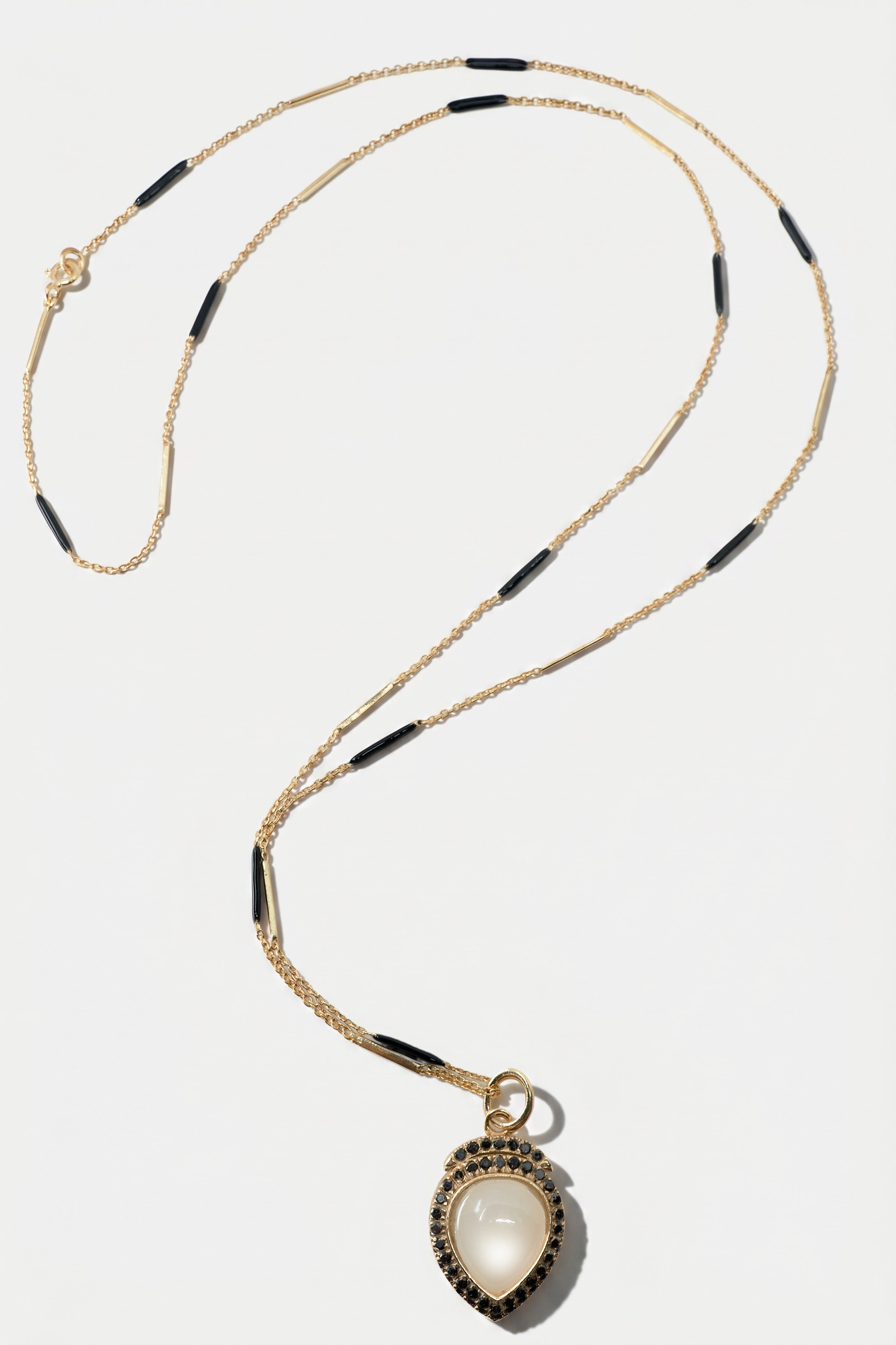 Moonstone Necklace Black Diamond  Black Enamel Chain