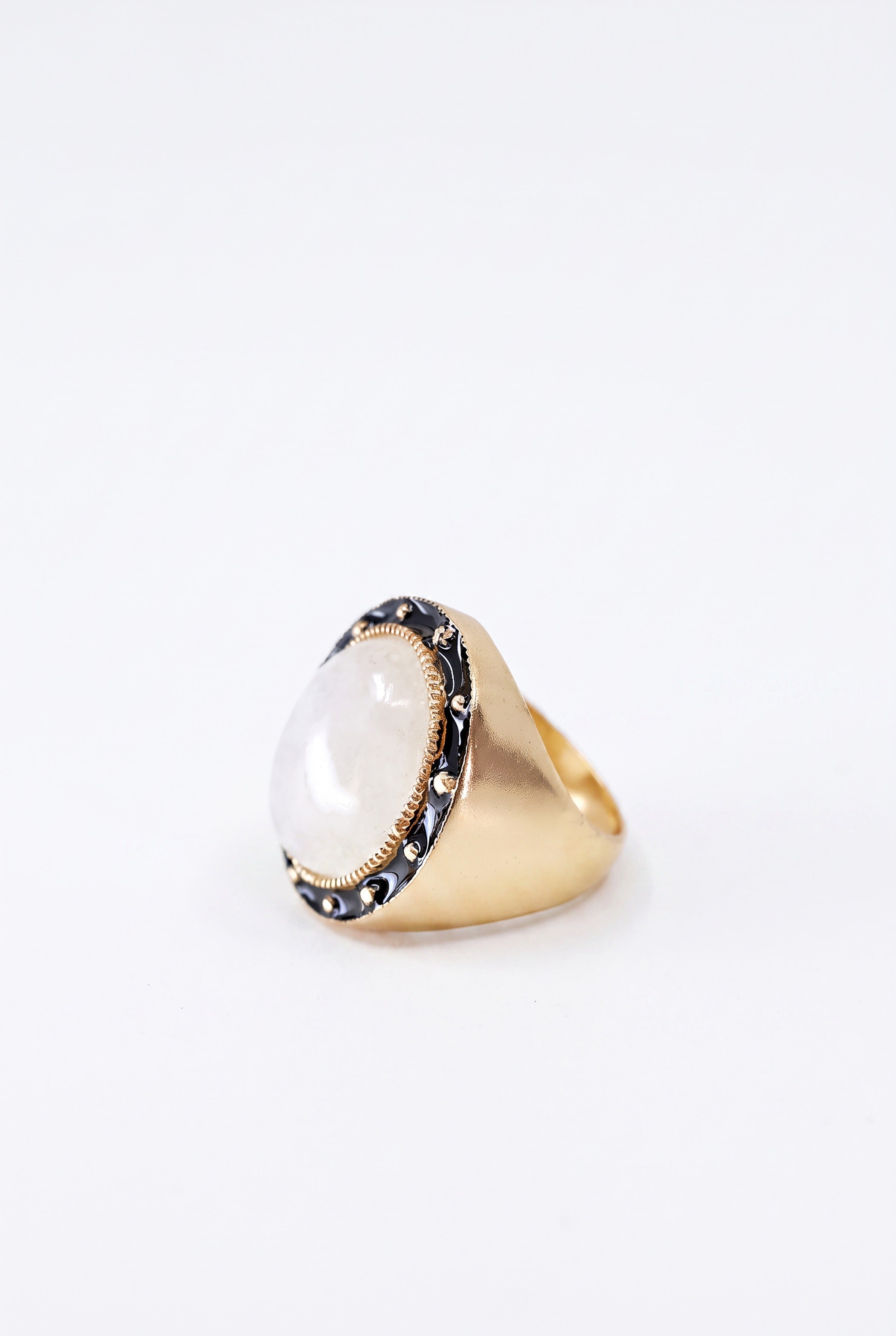 Moonstone Ring Cabochon Black Enamel Star