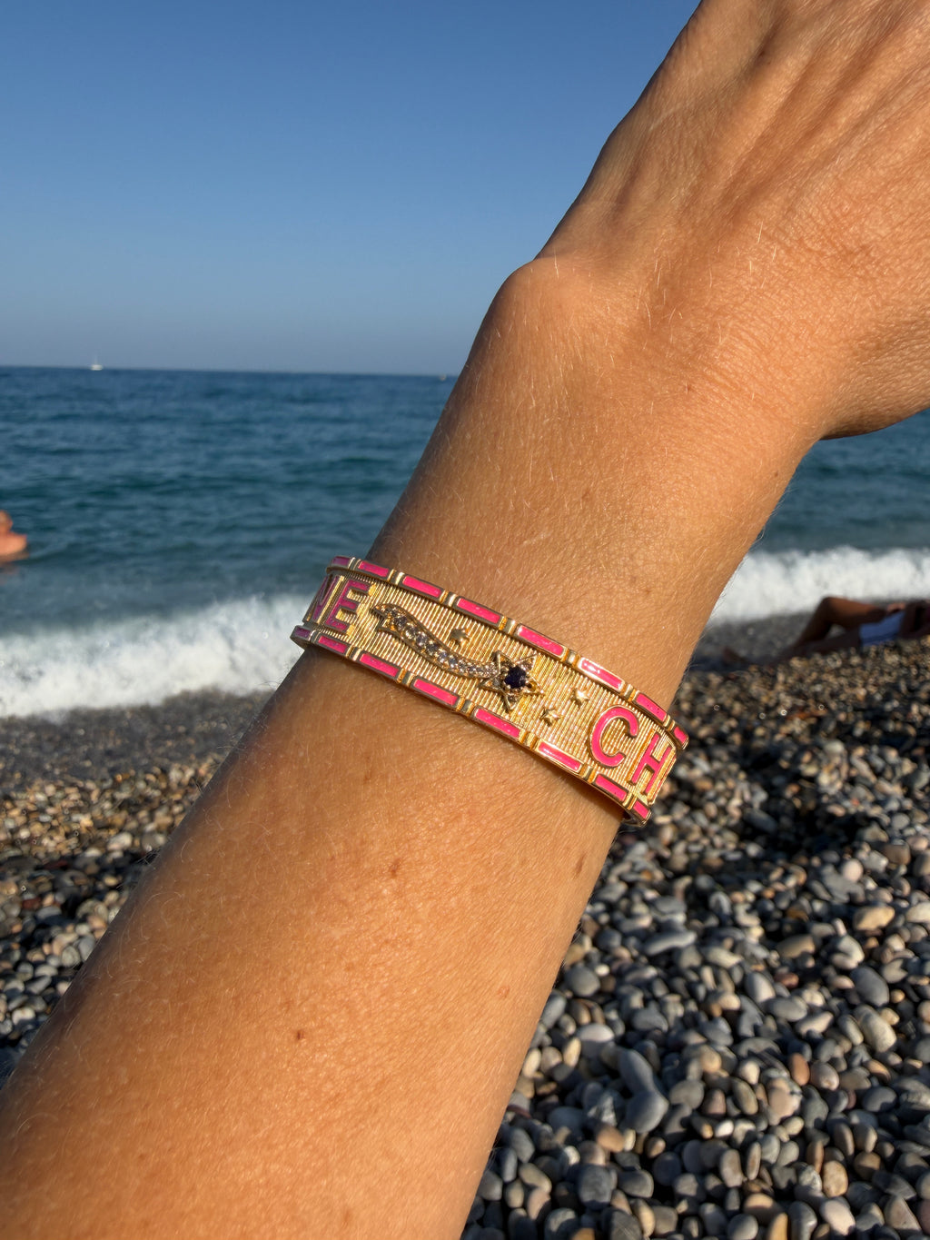 Pink Enamel Cuff Blue Sapphire Bracelet Diamond