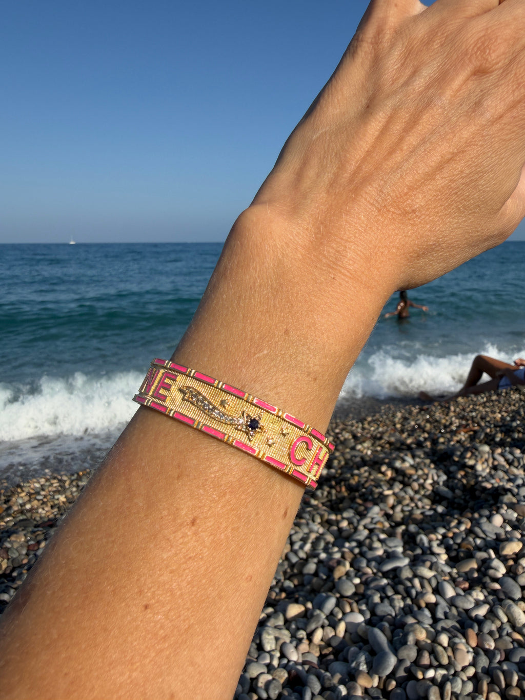 Pink Enamel Cuff Blue Sapphire Bracelet Diamond