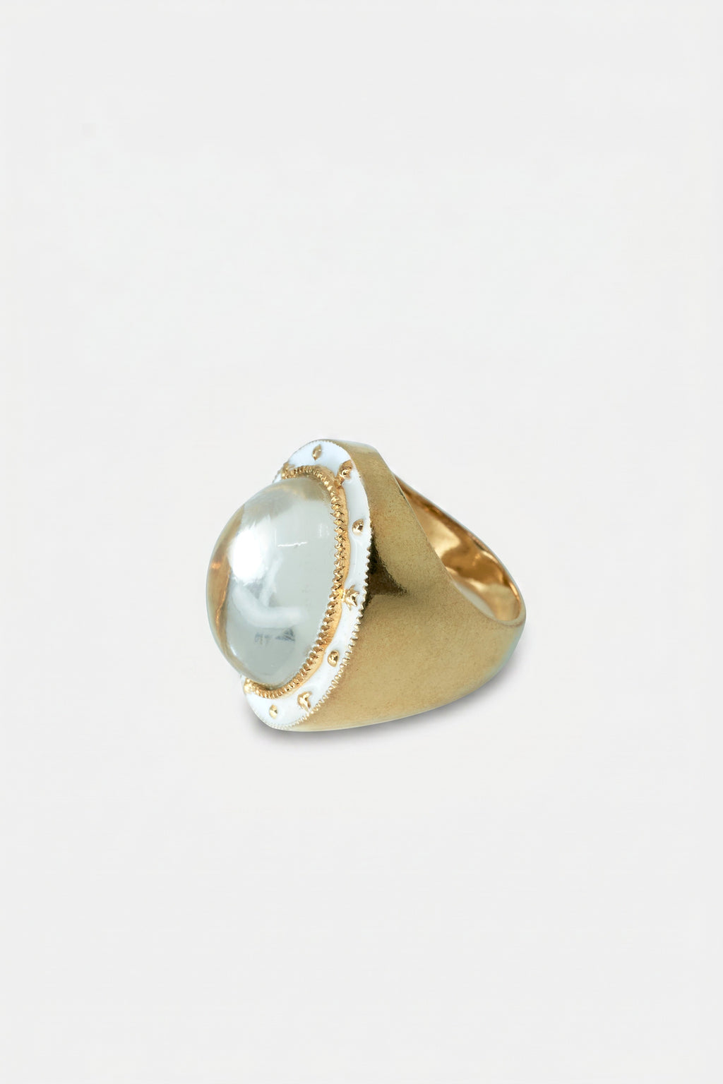 Crystal Quartz Ring Cabochon White Enamel Star