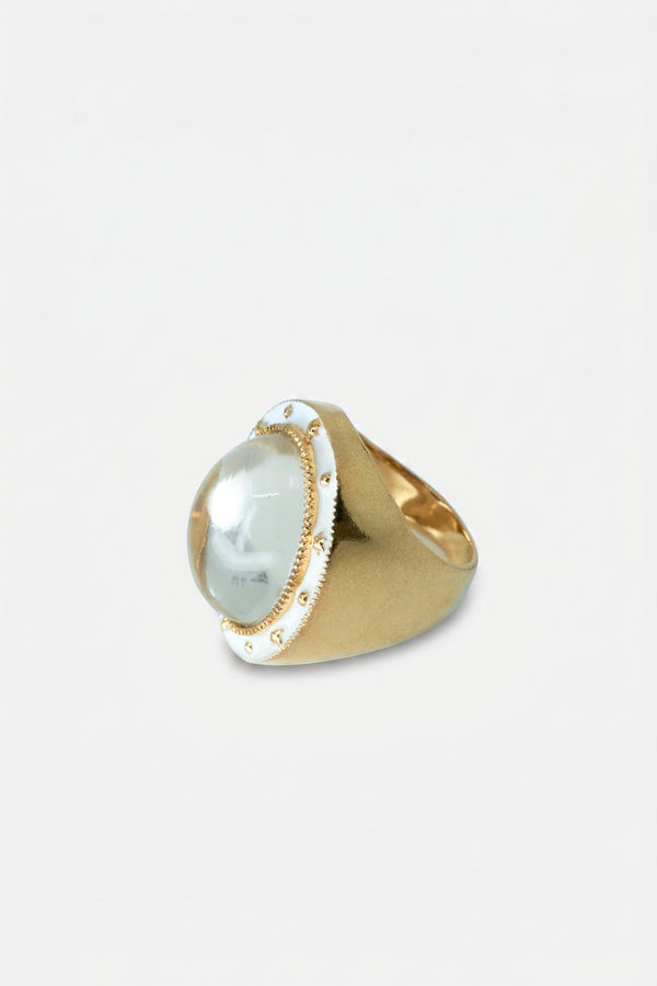Crystal Quartz Ring Cabochon White Enamel Star