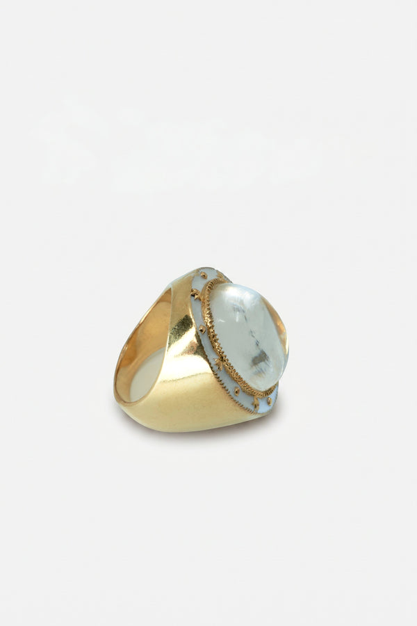 Crystal Quartz Ring Cabochon White Enamel Star