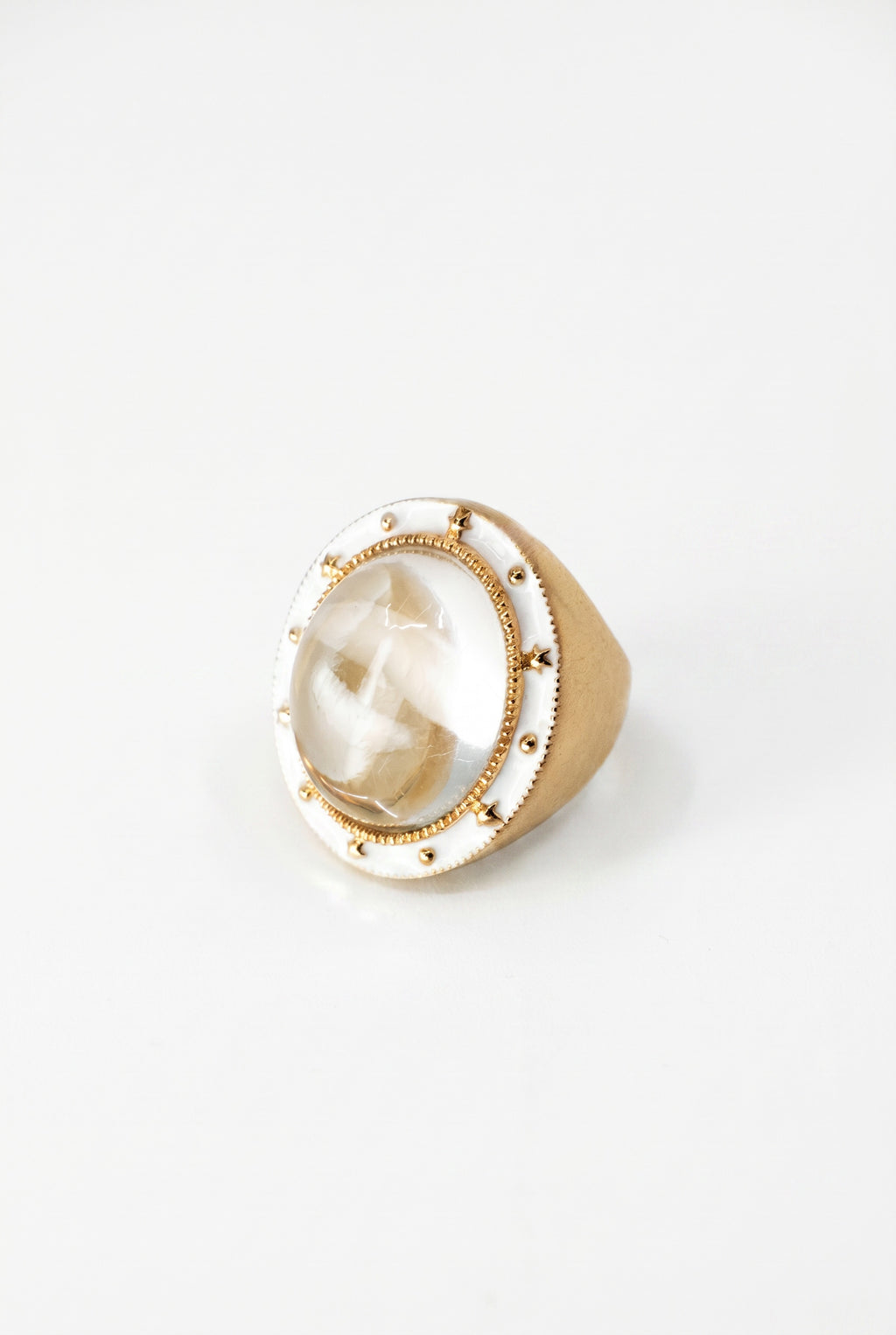 Crystal Quartz Ring Cabochon White Enamel Star