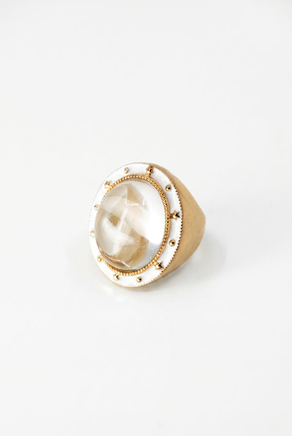 Crystal Quartz Ring Cabochon White Enamel Star