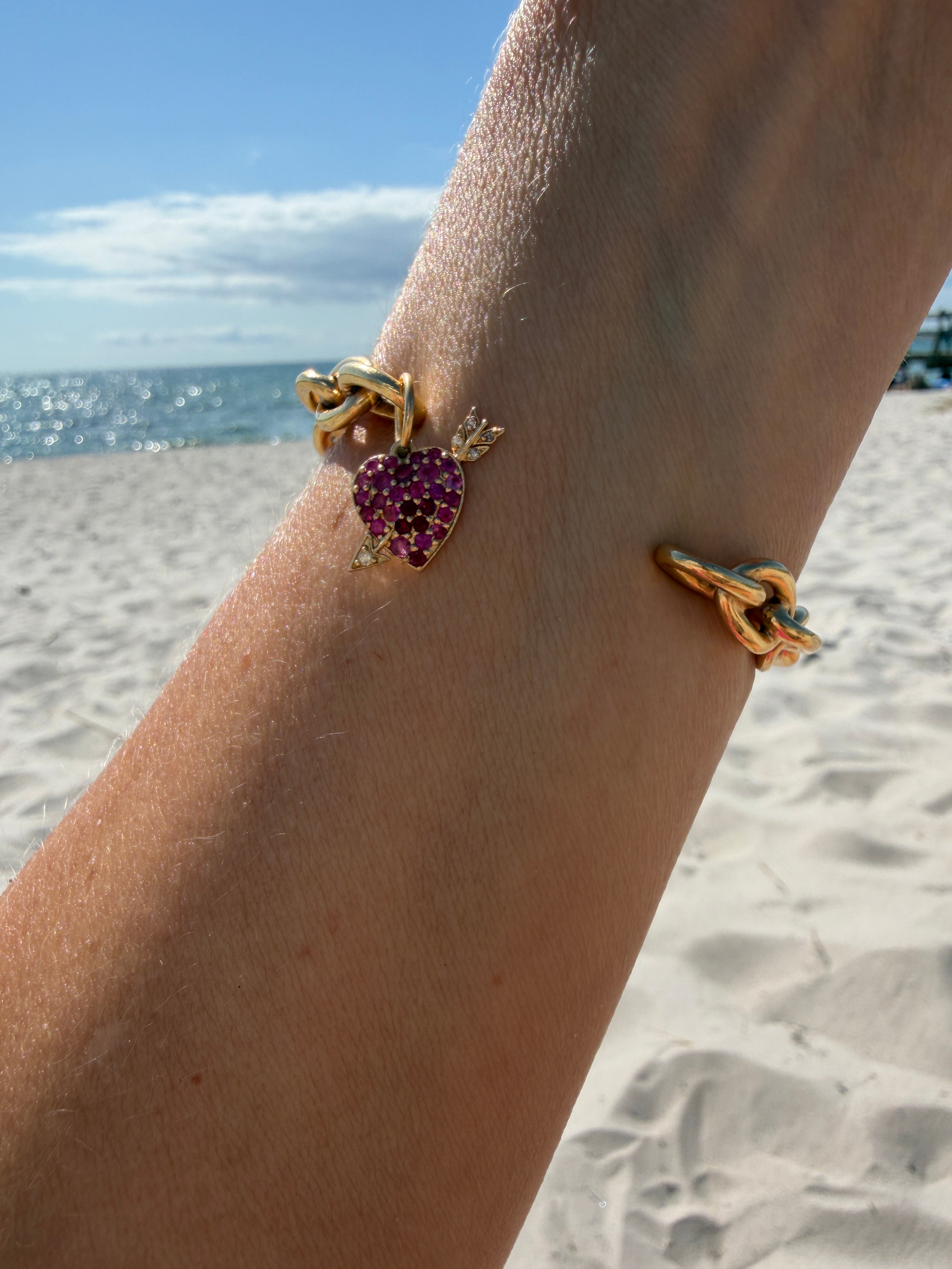 Cupid Heart Cuff  Ruby Charm Bracelet