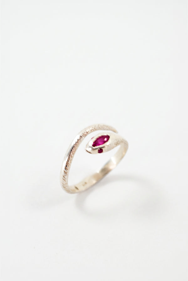 Snake Ring Marquise Ruby Eyes Silver Serpent
