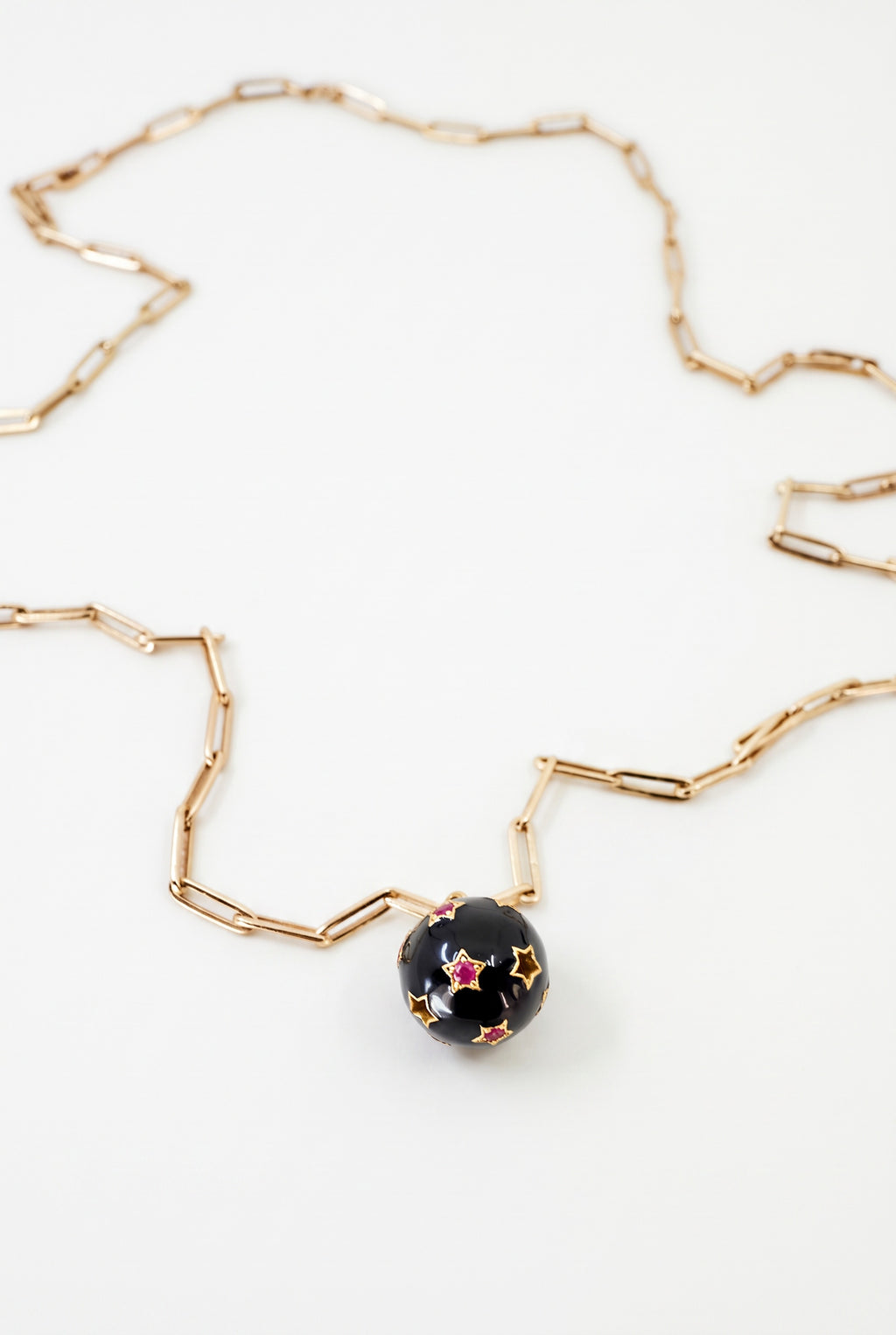 Ruby Star Sphere Necklace Black Enamel Paperclip Chain
