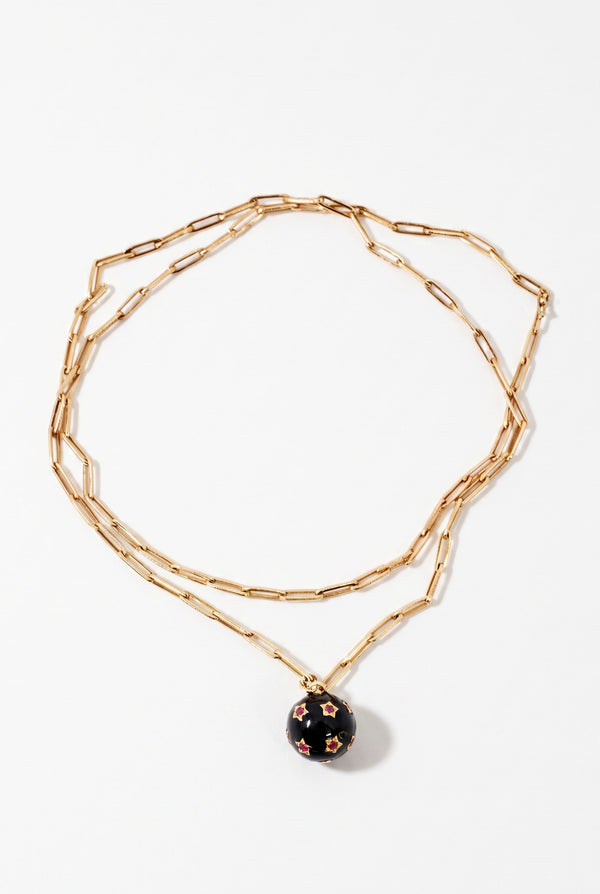 Ruby Star Sphere Necklace Black Enamel Paperclip Chain