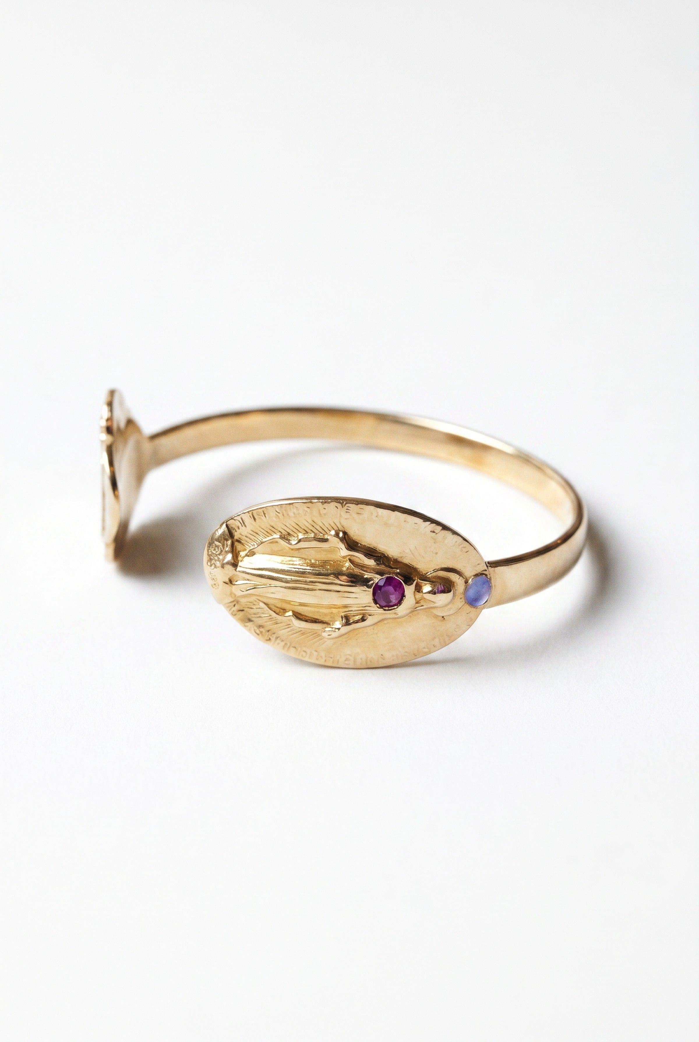 Gold Virgin Mary Cuff Ruby Opal Medal Bracelet