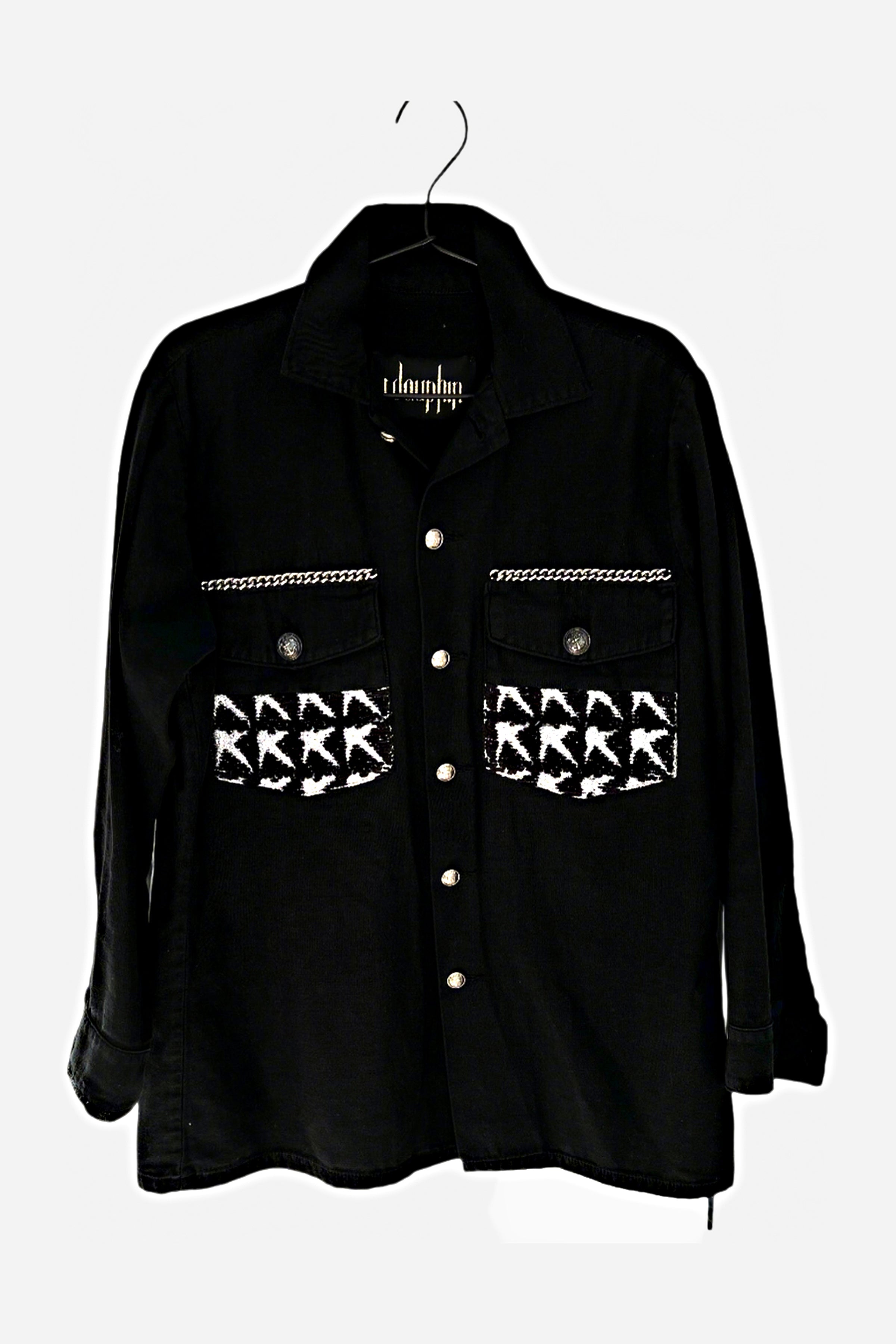 Black Military Jacket – Silver Chains, Star Pockets, Silver Buttons